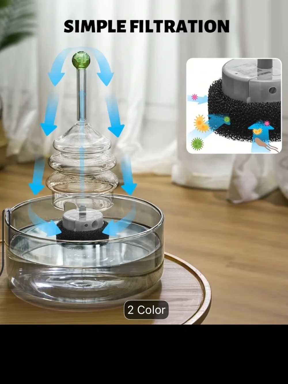 All Glass Pet Water Fountain - Clear Glass w/ Green Accent - NWT